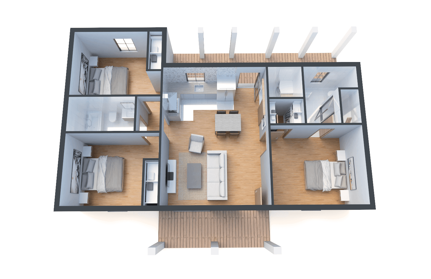 3D view of a three-bedroom house with an open floor plan, highlighting an integrated living and dining area, functional kitchen, and private bedrooms.