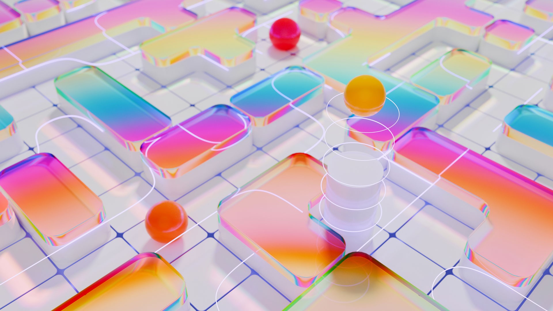 Abstract background of colorful square shapes connected by glowing lines, selective focus