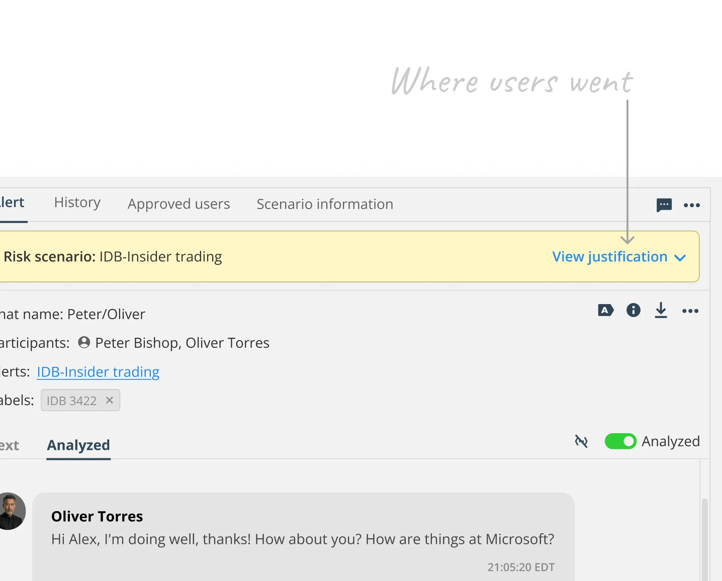 Screenshot of the Behavox alert panel showing the Risk scenario row with a  "View justification" link highlighted. An arrow points to it from a caption  reading "Where users actually went," showing the decision point where users  naturally looked for context before taking action.