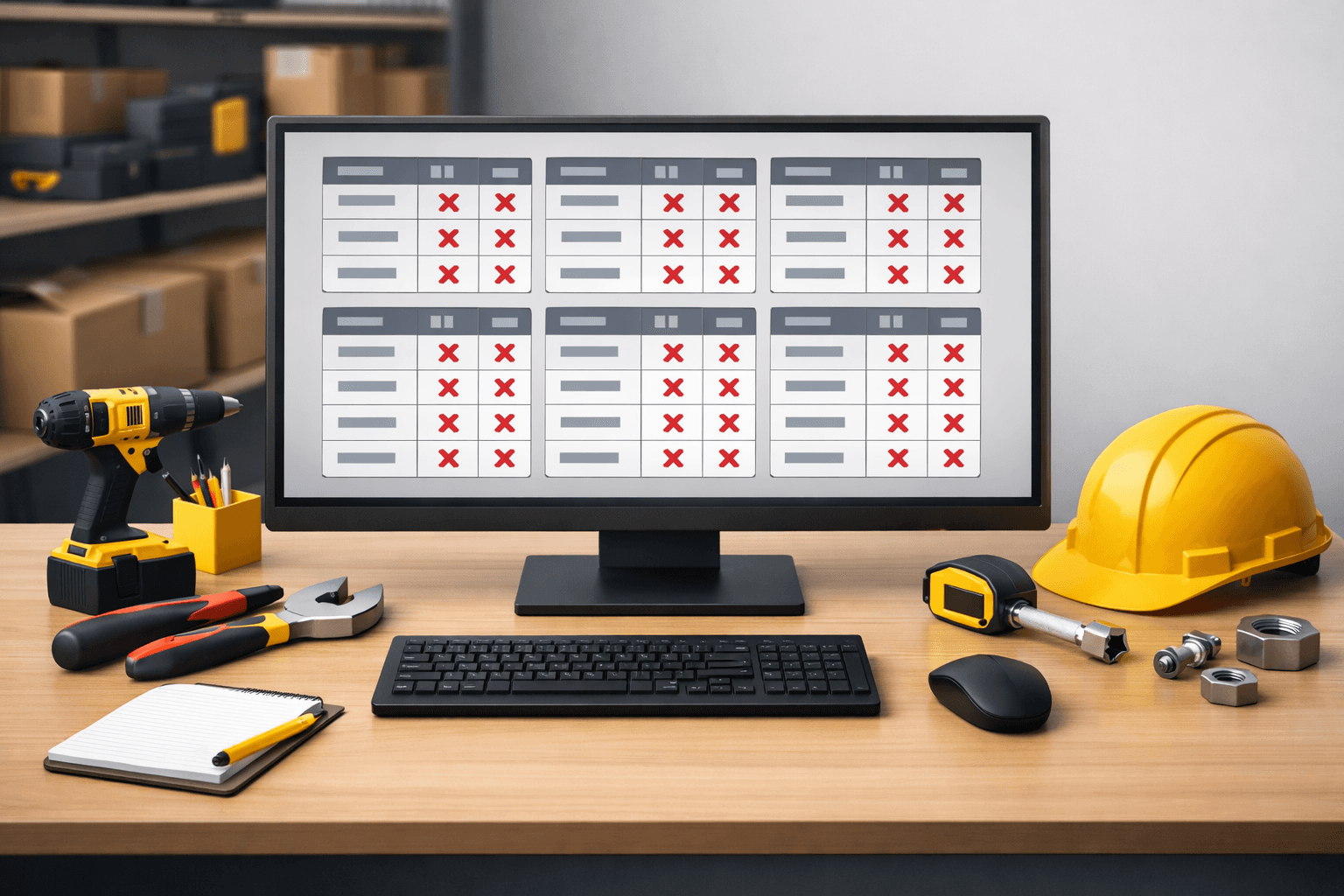 Mesa de escritório de distribuidora de ferramentas com computador exibindo tabelas de preços com erro, marcadas com ícones vermelhos, representando falhas na gestão de preços no processo de vendas B2B.