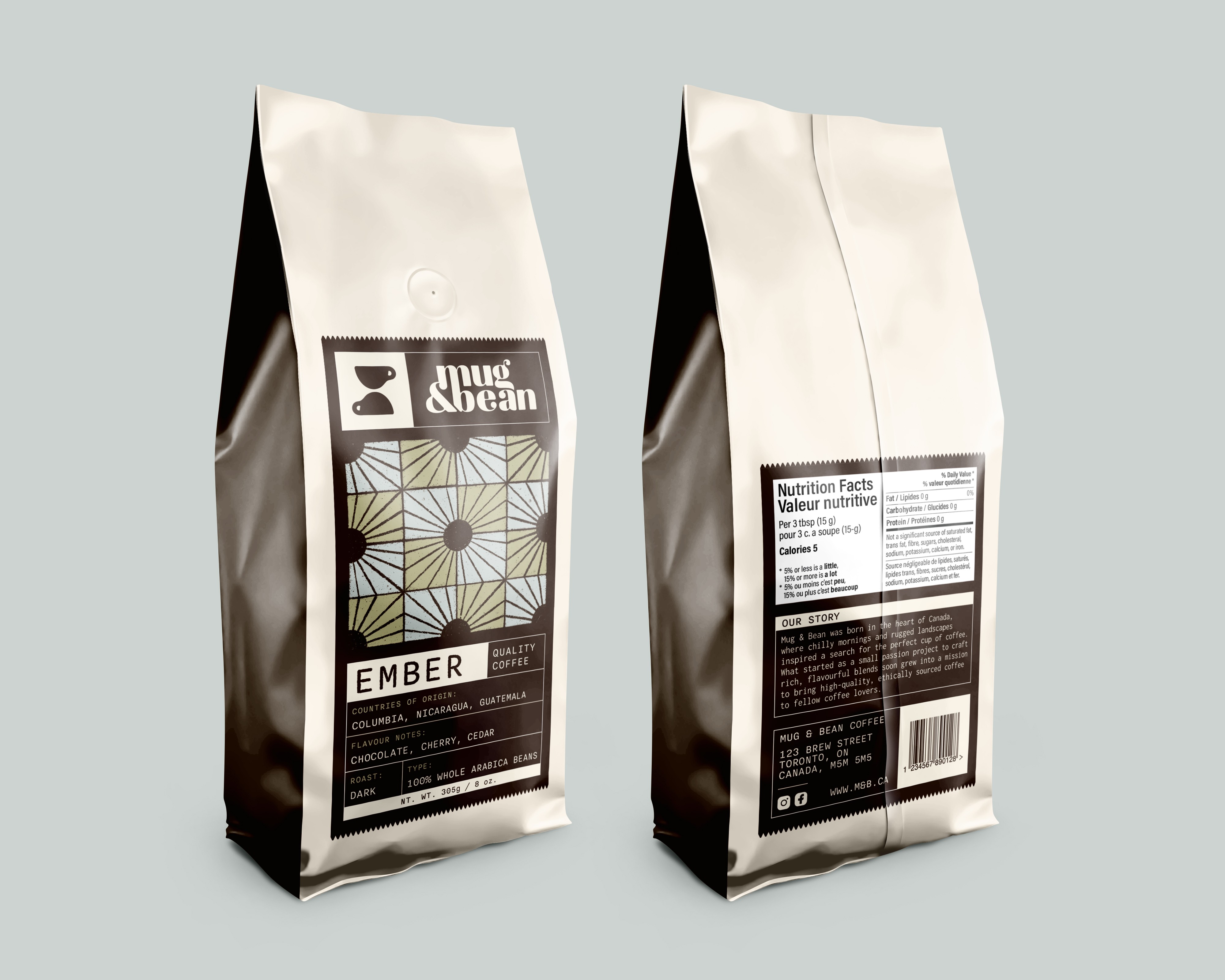 Coffee packaging with Mug & Bean branding