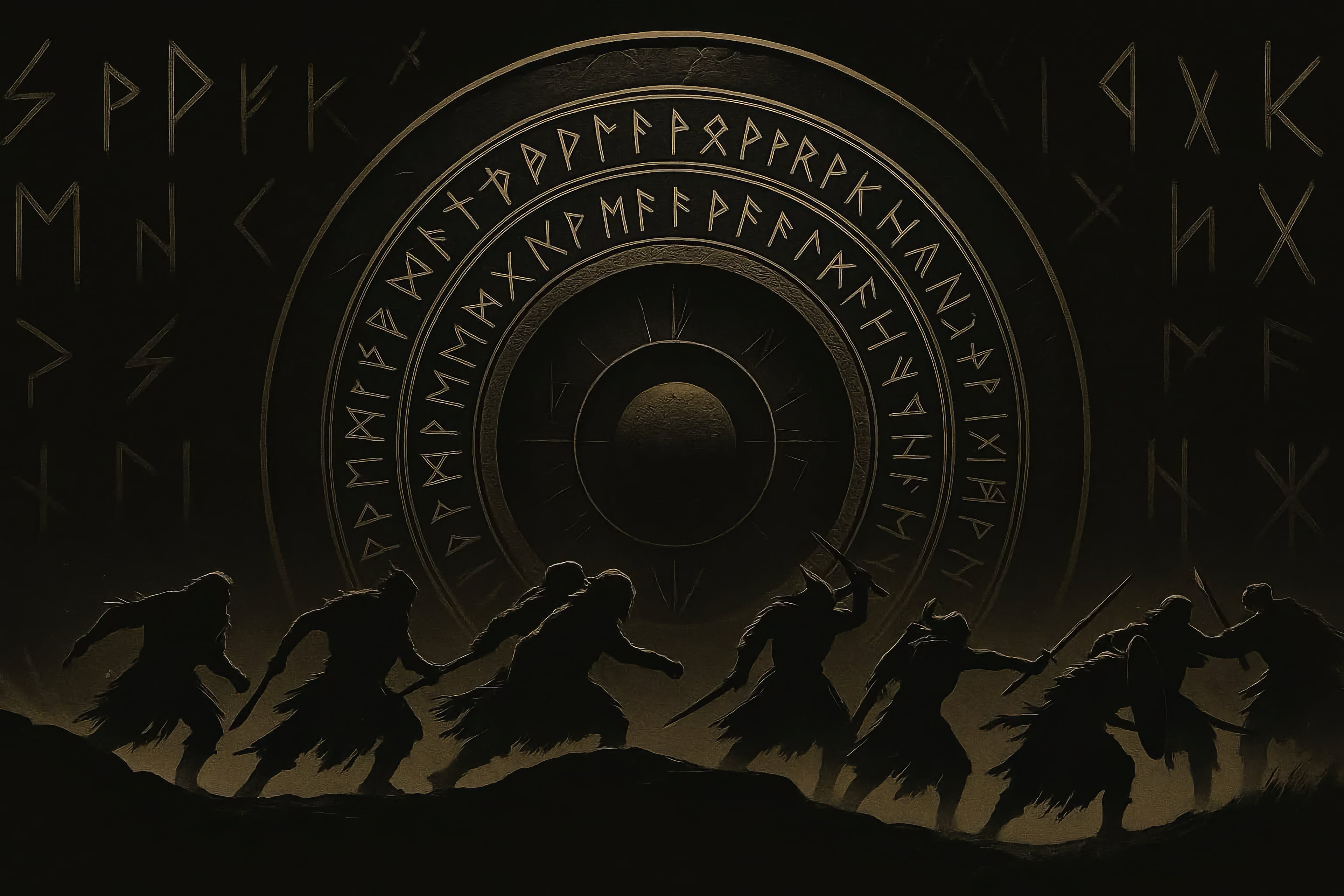 Warrriors marching to battle against a runic background circle