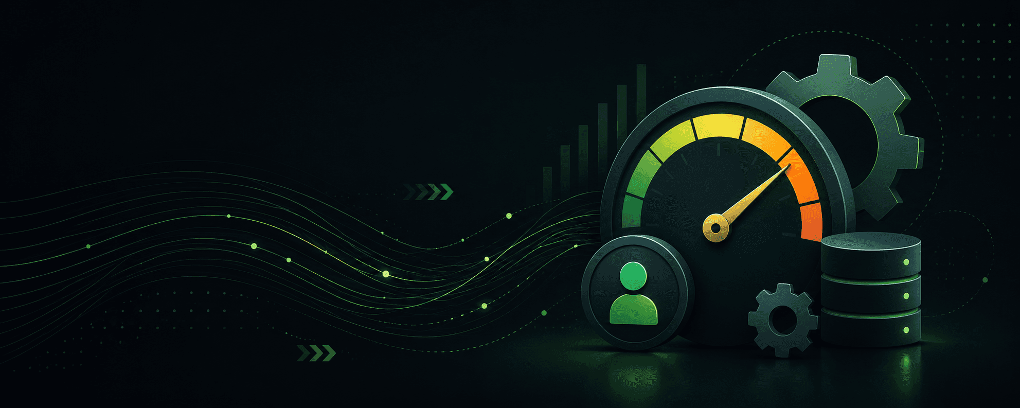 Performance tuning concept with speedometer, database, and optimization icons on a dark background.