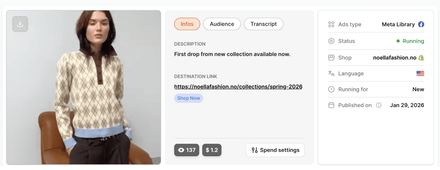 Minea ad details page with shop link, status, and spend data