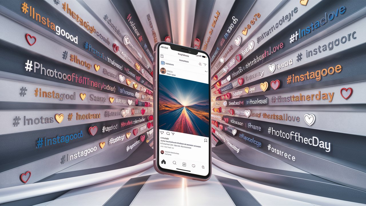 Create a visually appealing image of a smartphone displaying the Instagram app, with hashtags visually emanating from the screen, symbolizing engagement and reach.