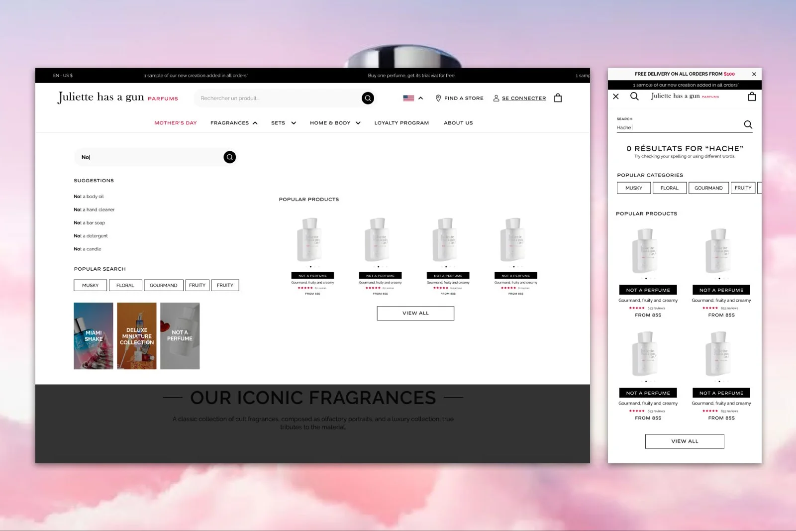 Refonte de la recherche produits Juliette Has a Gun en desktop et mobile avec suggestions, catégories populaires et produits