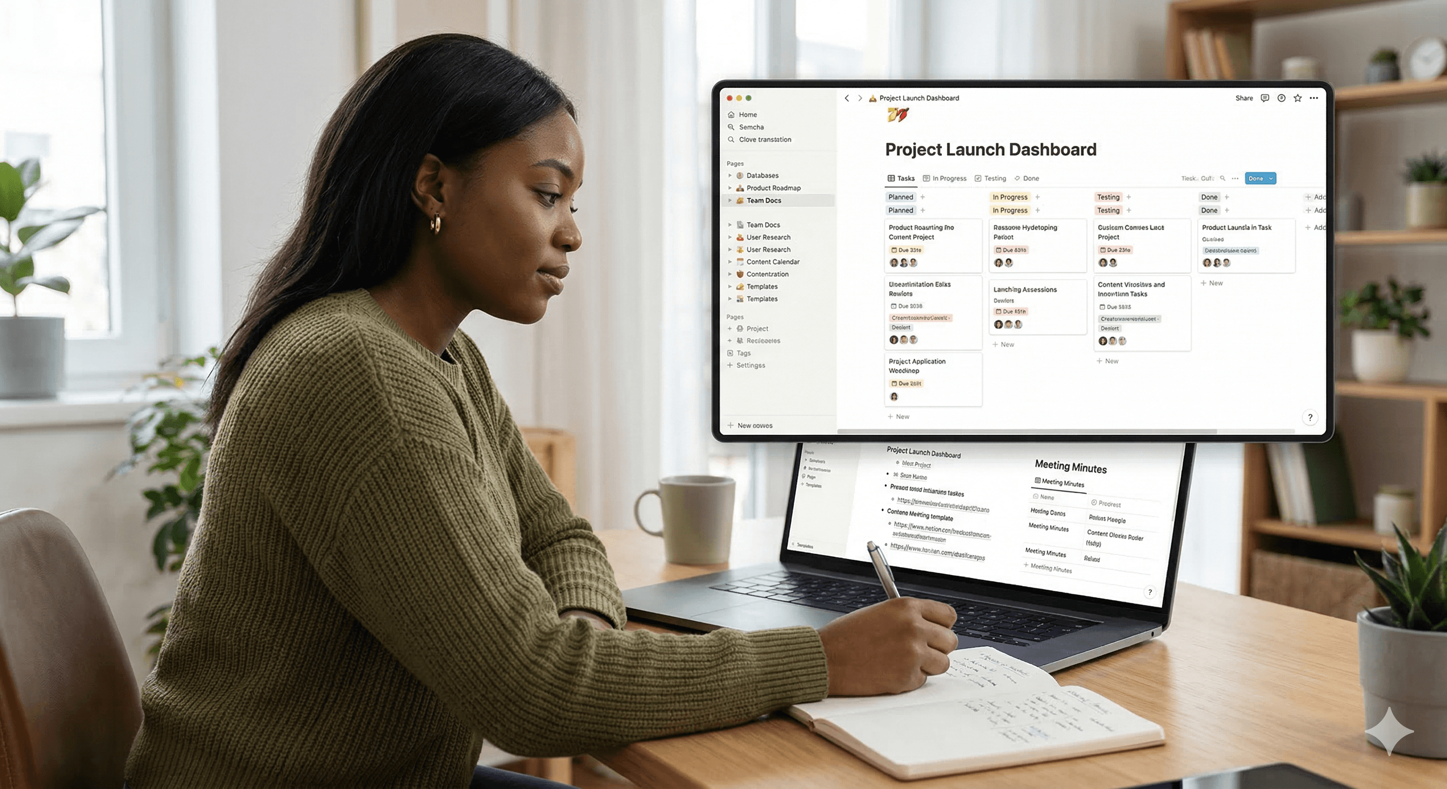 A person works at a desk with a laptop displaying a Notion page titled "Project Launch Dashboard," illustrating the Notion Page Design Update and its changes.