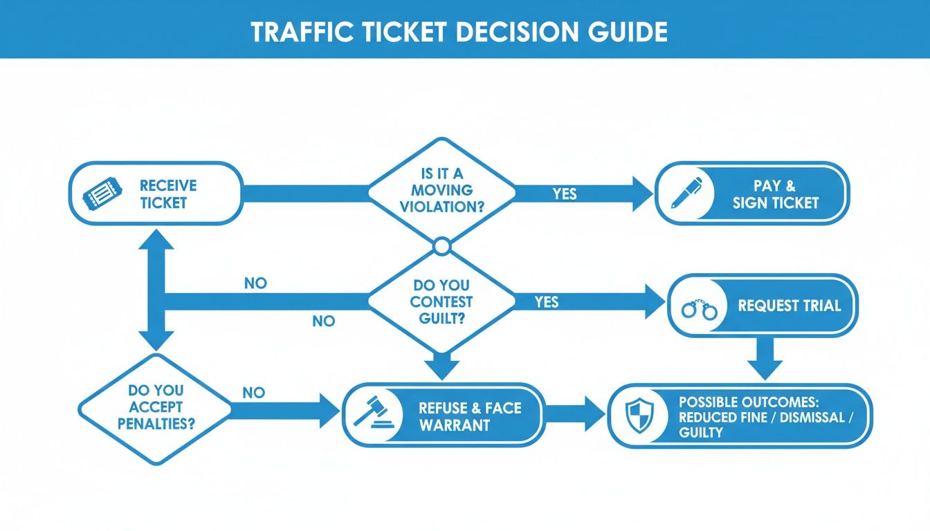 A flowchart illustrating the decision process for handling a traffic ticket, from receiving it to possible outcomes.