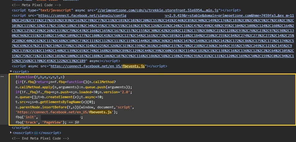 Prime Pet Zone's homepage source in DevTools: the Meta Pixel Code block loading fbevents.js and tracking a PageView