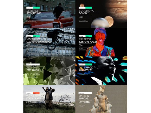A grid of eight images, each labeled with a white label and a green horizontal bar above it. Each label displays a name or title, such as “DJ MEHDI SIGNATURE,” “EL GUINCHO BOMBAY,” “MAGNETIC MAN GETTING NOWHERE,” “BREAKBOT BABY I’M YOURS,” “PICK OF THE WEEK,” and “MACK THE KNIFE.” Each image includes a stylized graphic element and a date or time stamp.