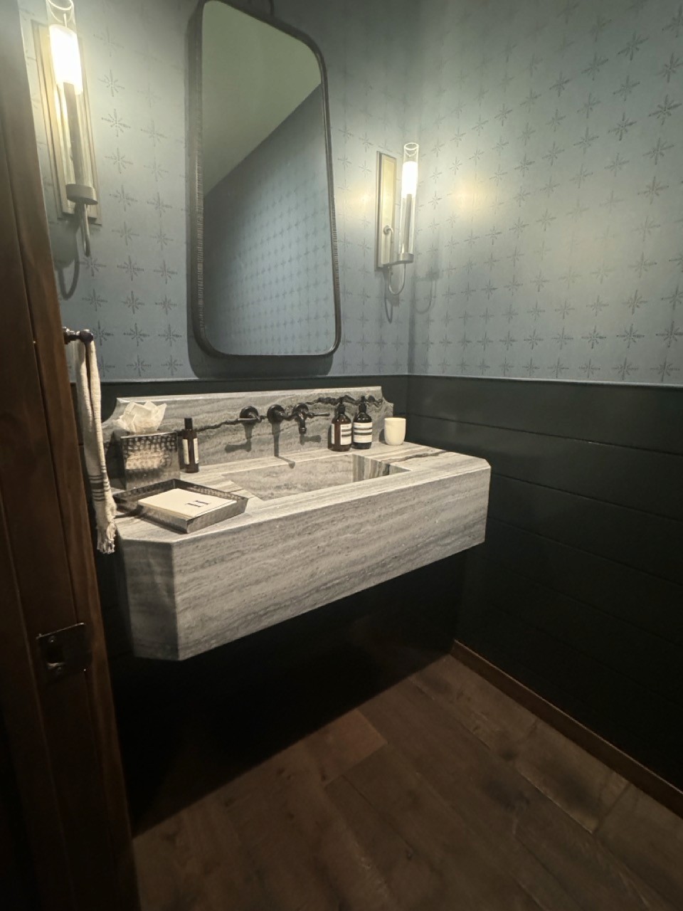 Custom granite work in a finished bathroom.