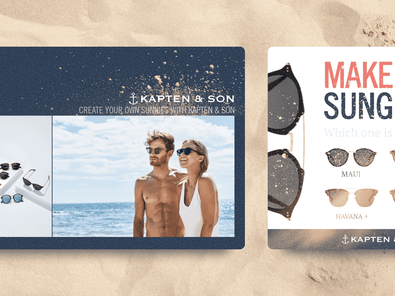 Kapten & Son social influencer partnership pitch deck hero showcase image displaying two presentation slides on sand texture background: campaign title slide with beach couple lifestyle photography and sunglasses product flat lay, alongside "Make Your Own Sunglasses" product catalog slide featuring Maui and Havana+ frame styles designed by Chadd Weston.