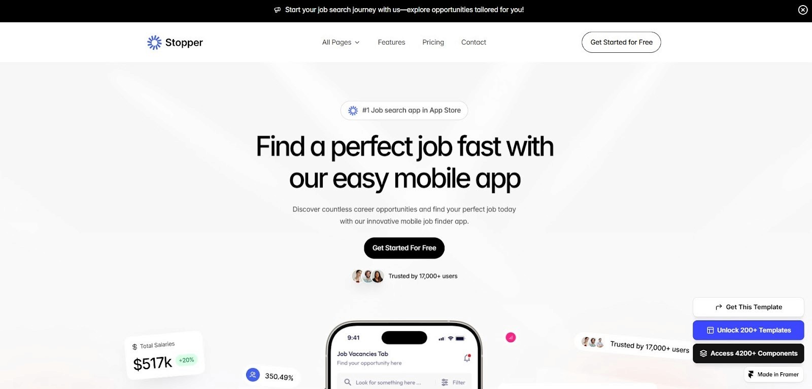 Stopper modern software and mobile app Framer template with product-focused landing page layout