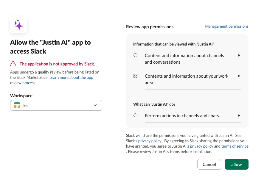Slack’s authorization screen for the Justin AI app, showing the workspace picker and the permissions being requested