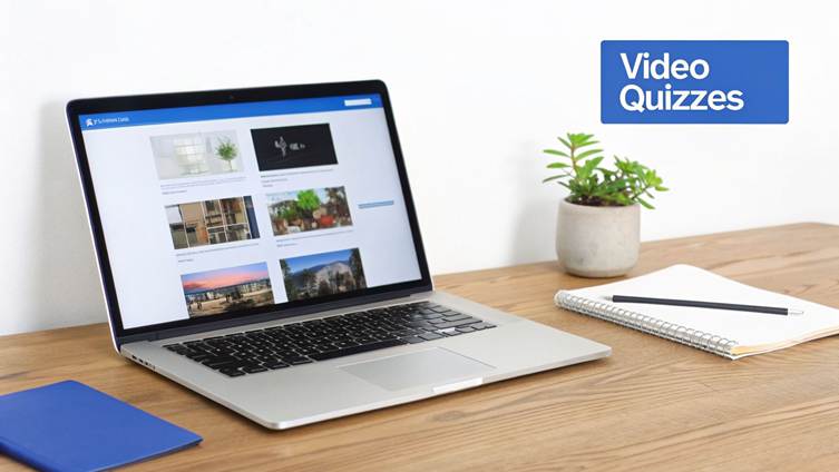 A laptop on a wooden desk displays a webpage with various images, next to a potted plant, notebook, and blue folder, with 'Video Quizzes' text.