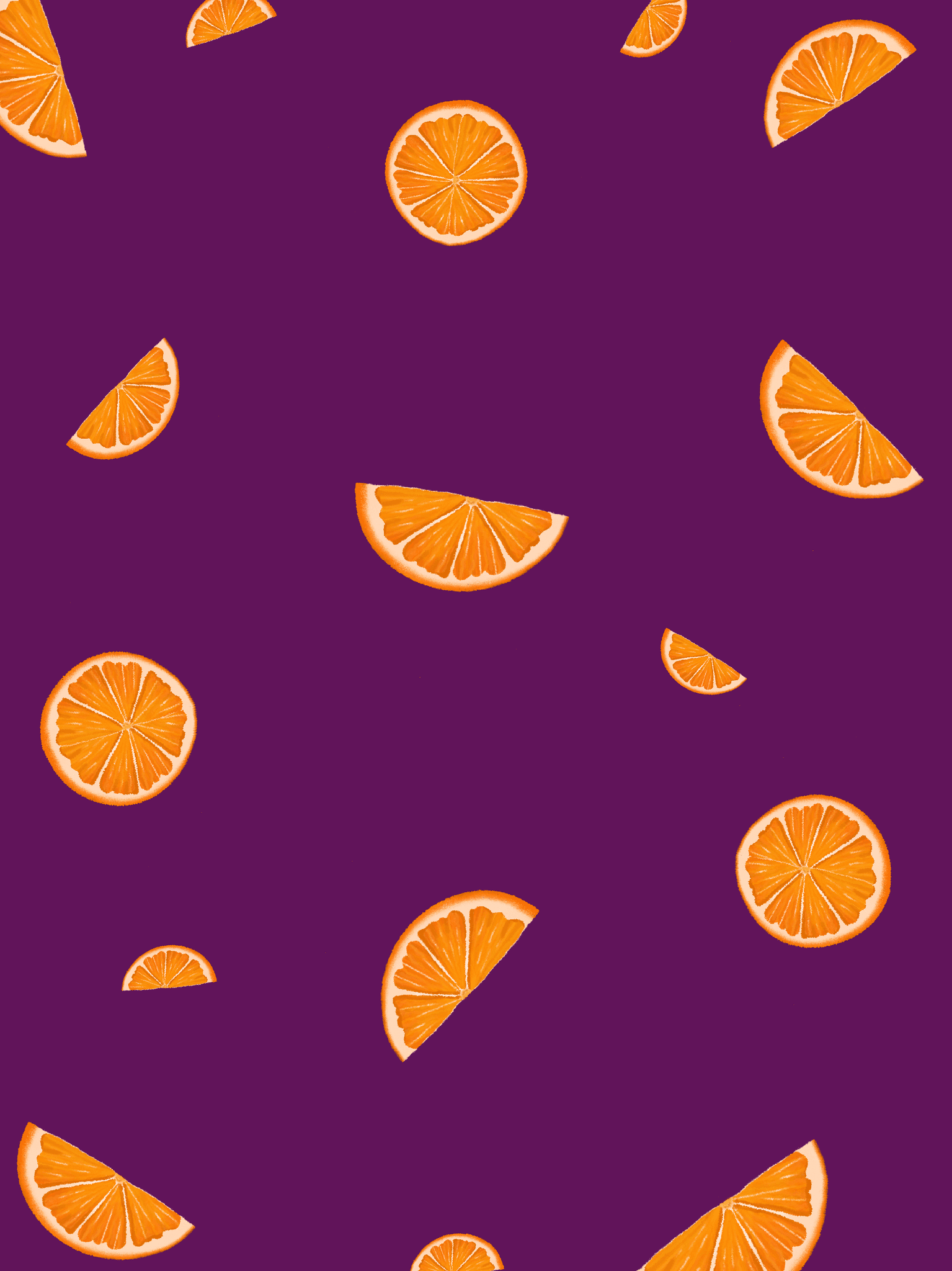 Repeat fruit patterns. Repeat fruit design. Repeat orange slices all over. Digital art drawing of an orange slice with repeat patterns all over. 