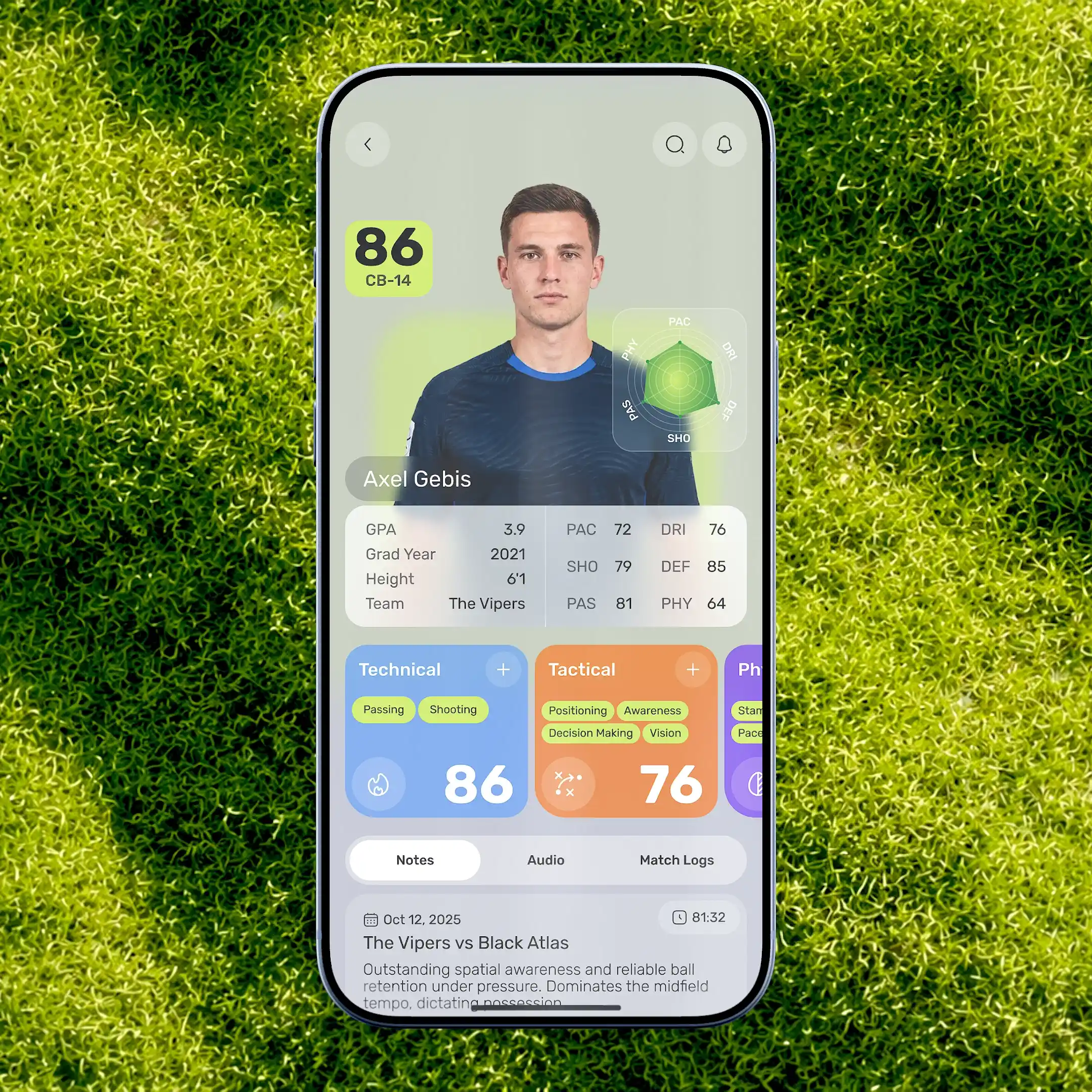 Mobile UI design for a player profile screen featuring Axel Gebis, with performance radar charts, tactical stats, and scouting notes.