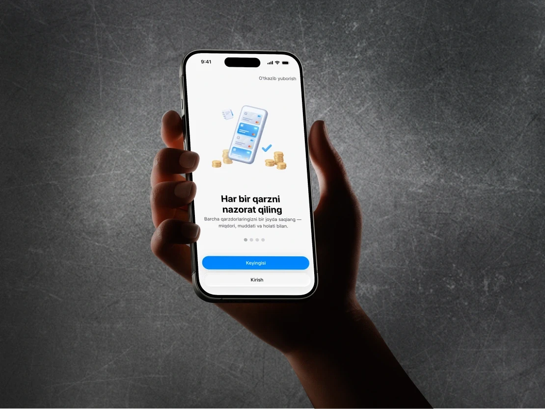 Fin7 fintech app onboarding screen — hand holding iPhone with light UI, B2B debt management mobile design