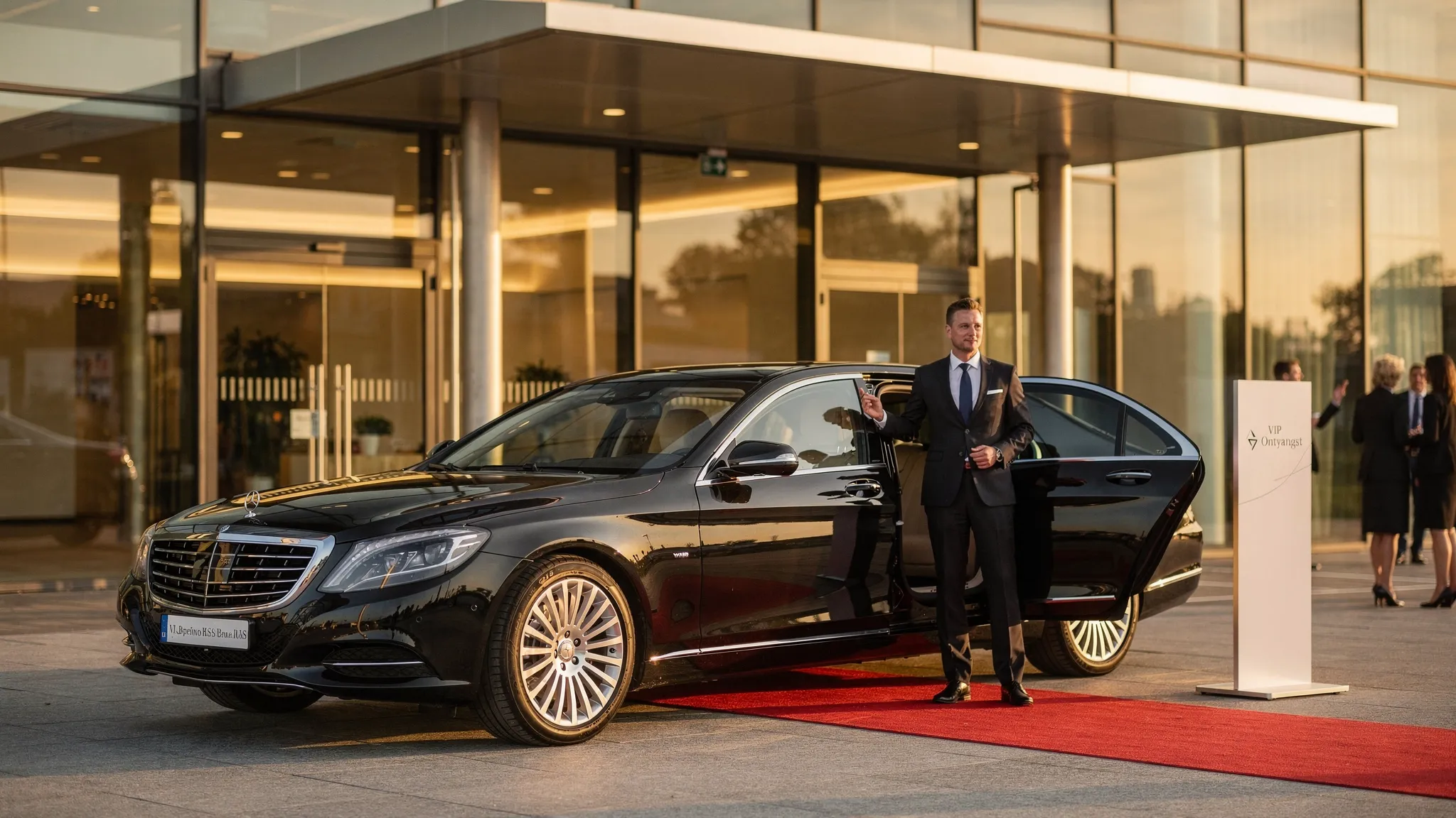Een representatieve zwarte luxury sedan wacht bij de ingang van een zakelijke eventlocatie, met een professionele chauffeur naast het voertuig en subtiele ontvangstsignage voor VIP-gasten.