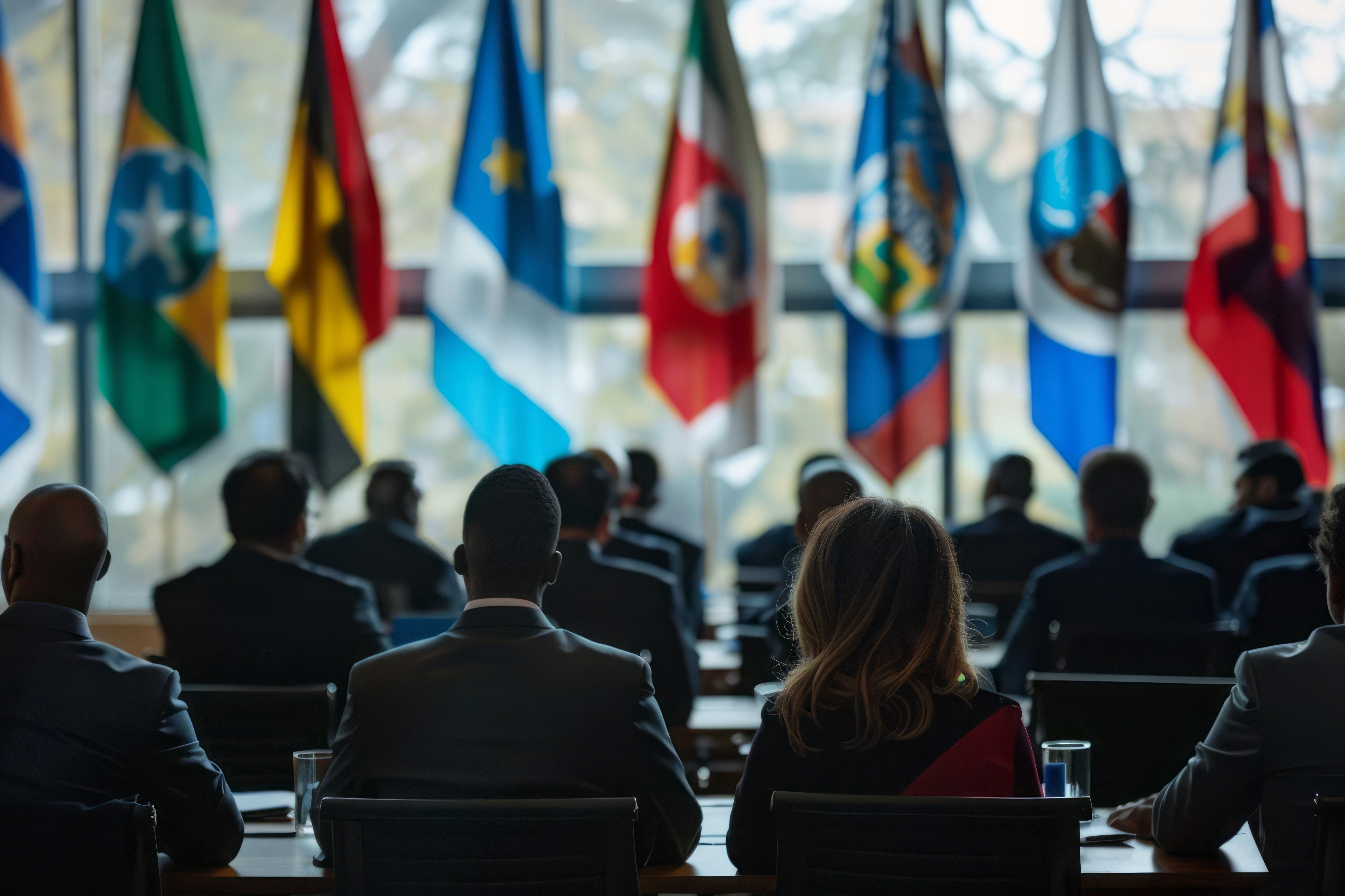 A professional setting where a group discusses political issues