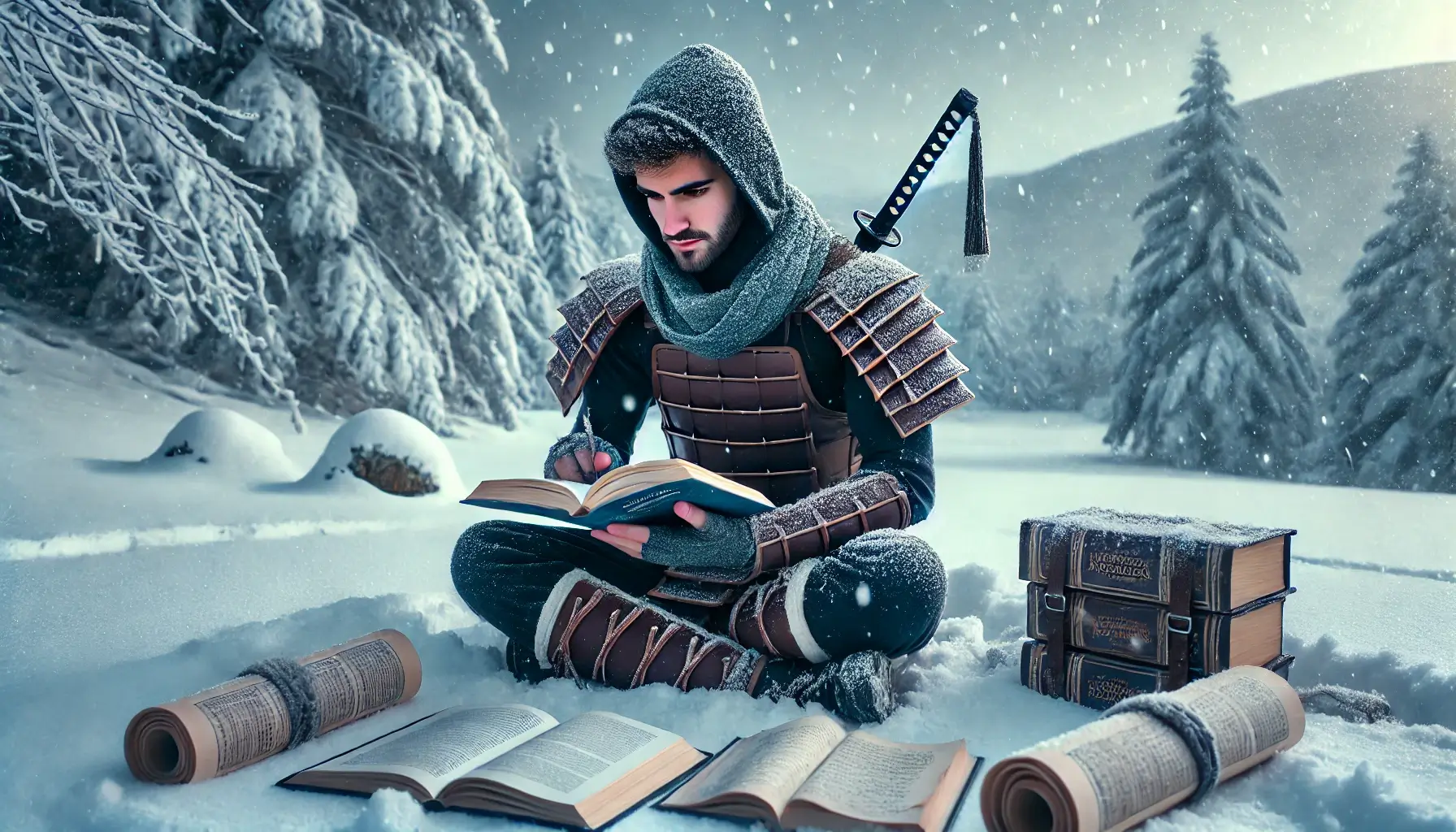 un estudiante y ninja estudiando en invierno en la nieve