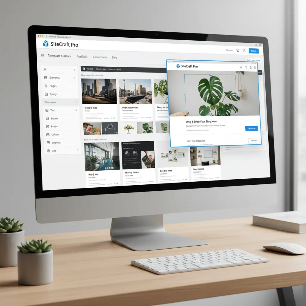 Desktop website template editor interface showing a grid of page layouts and a visual editor panel on a computer screen.