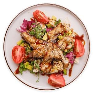 A plate of grilled fish topped with sesame seeds, surrounded by sliced tomatoes, avocado chunks, mixed greens, and drizzled with a dark sauce offers delicious nutrition that complements any health-focused diet plan.