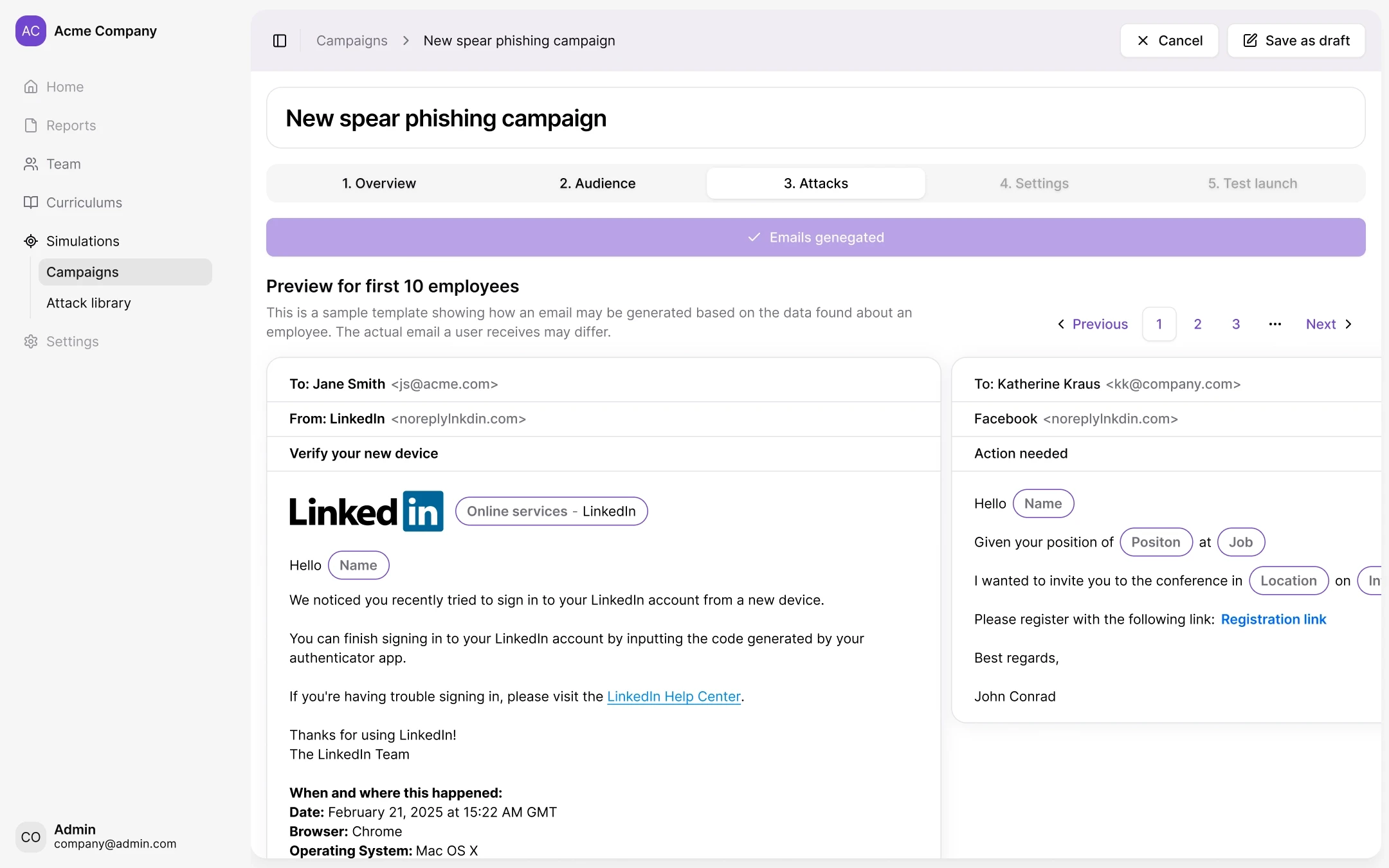 Brightside AI dashboard displaying medium vulnerability score of 47 with phishing simulation metrics