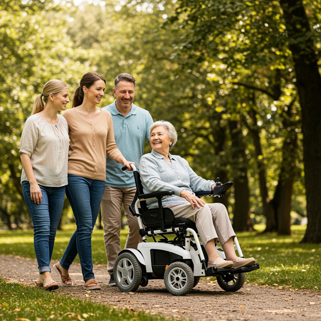 Elderly woman in a power wheelchair enjoying a walk through the park with her adult children