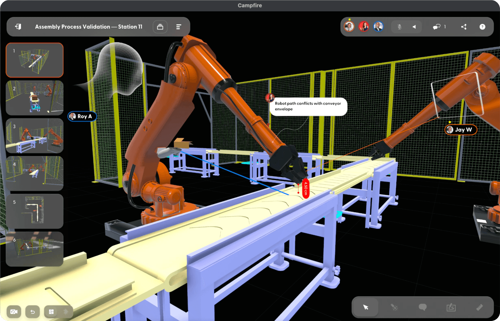 A Campfire scene showing industrial robots around a conveyor, with a noted path conflict and a clearance measurement. Two users are visible reviewing the setup in real time.