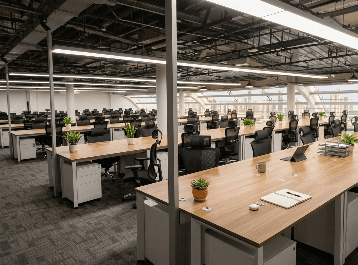 Modern open-plan office featuring A8 ergonomic office chairs with white frames, breathable gray mesh backs, and adjustable headrests, designed for high-productivity workspaces.