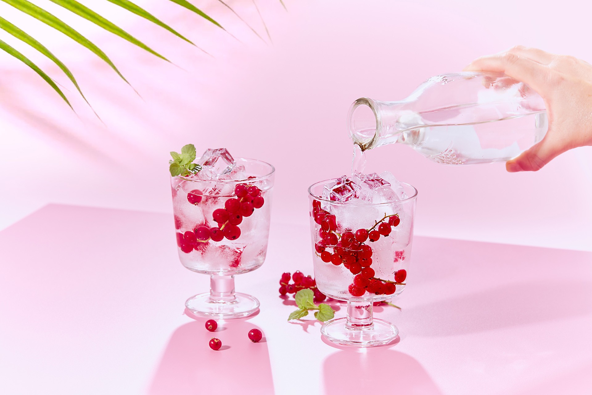 Two glass goblets filled with ice cubes and vibrant red currants on a pink surface are being topped with water from a clear glass bottle, with a green palm leaf in the background, creating a refreshing and elegant composition by Abarel Studio.