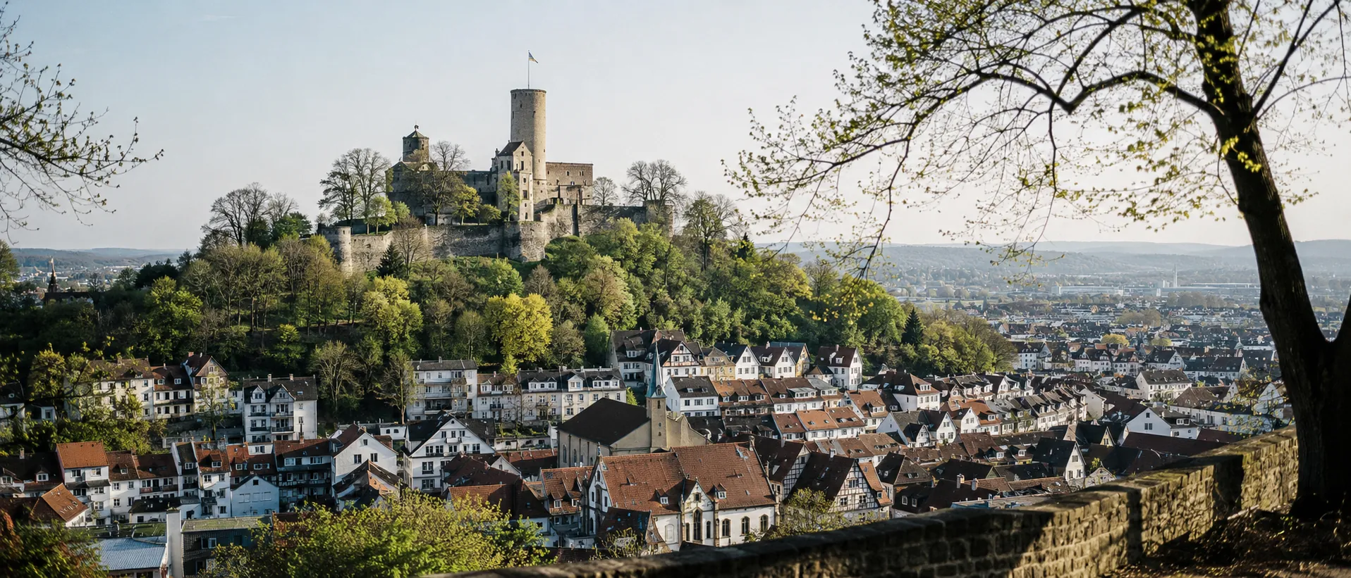 Blick auf Bielefeld mit Sparrenburg, Altstadtdächern und heller Morgenstimmung