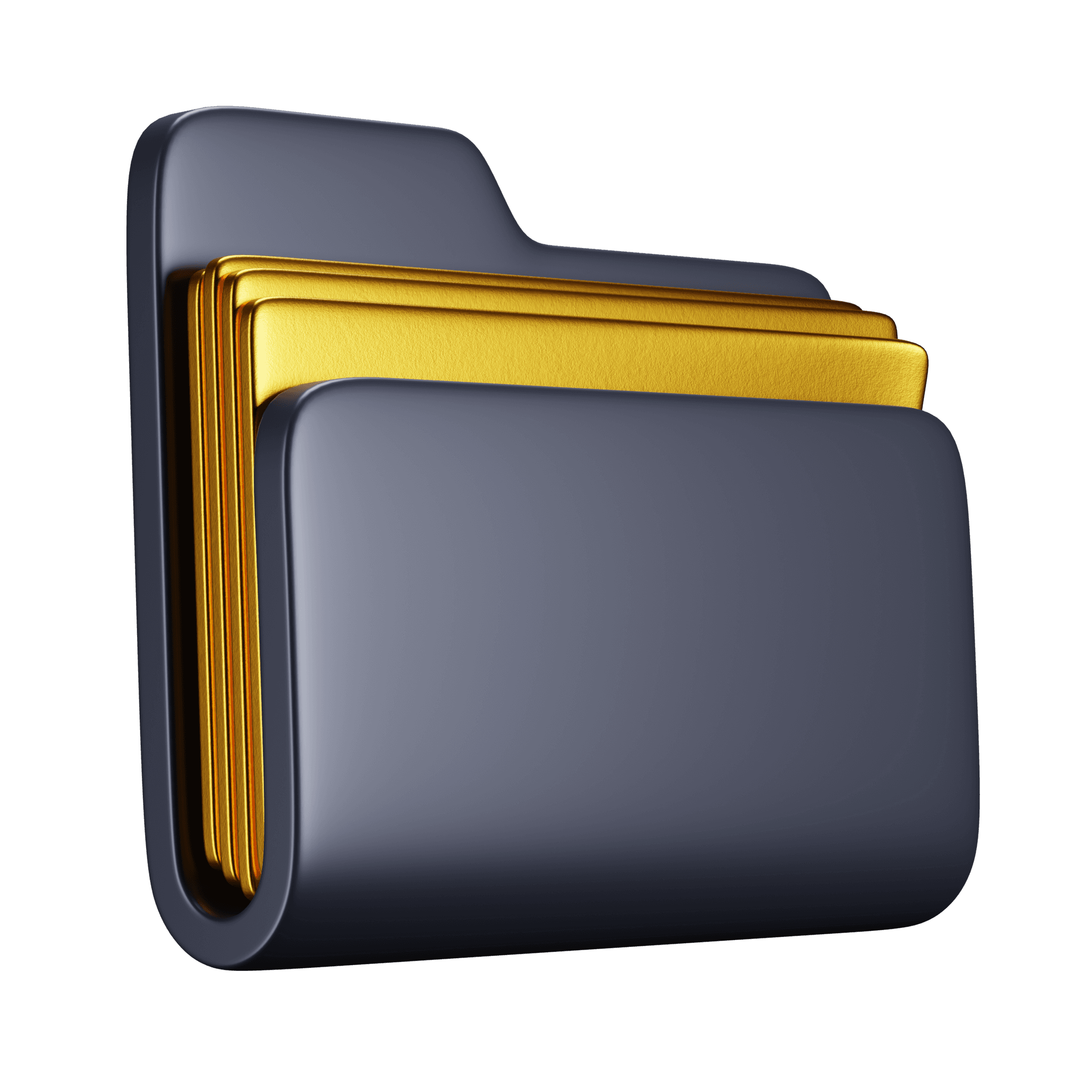 Stylized 3D blue and gold folder icon, representing Portray Digital Agency's comprehensive digital services and organized project management, on a black background