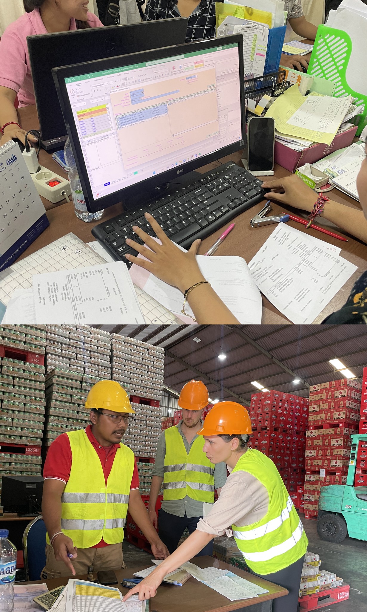 Distributor warehouse workers reviewing paper-based orders at a depot in an emerging market
