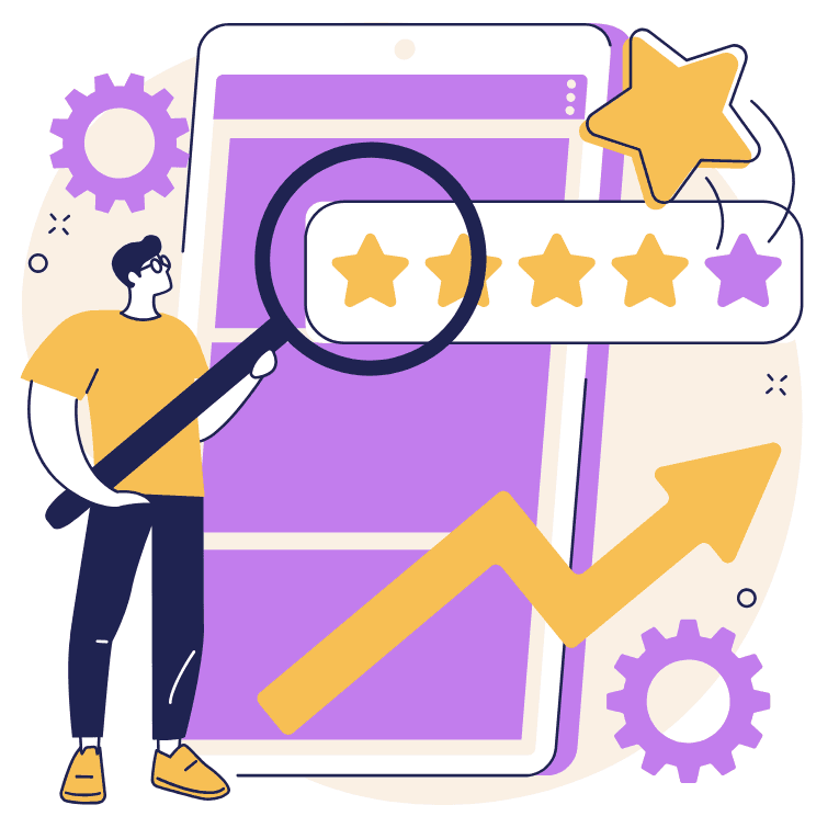 Illustration of a person holding a magnifying glass in front of a five-star rating system, with a smartphone, gears, and an upward arrow in the background.