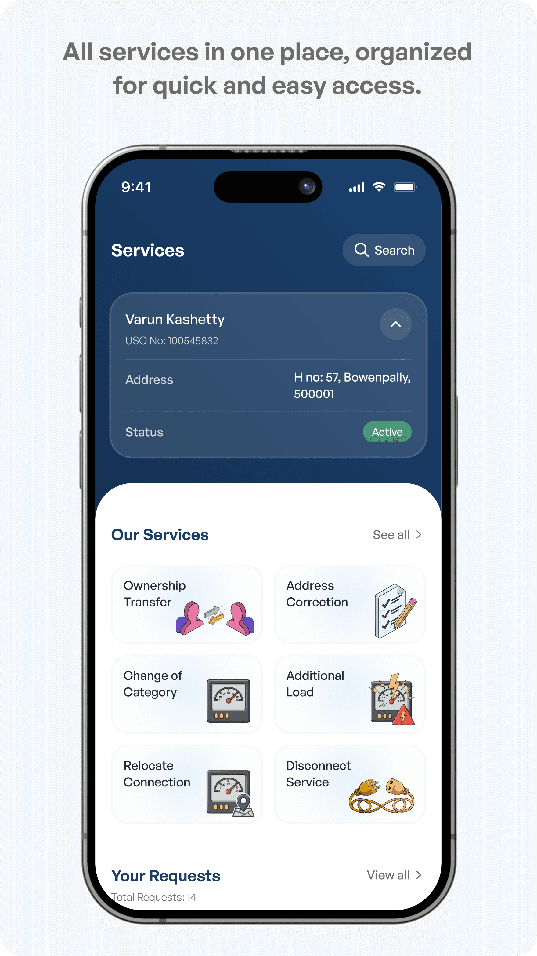 Telangana Electricity app Service screen dashboard whole interface design
