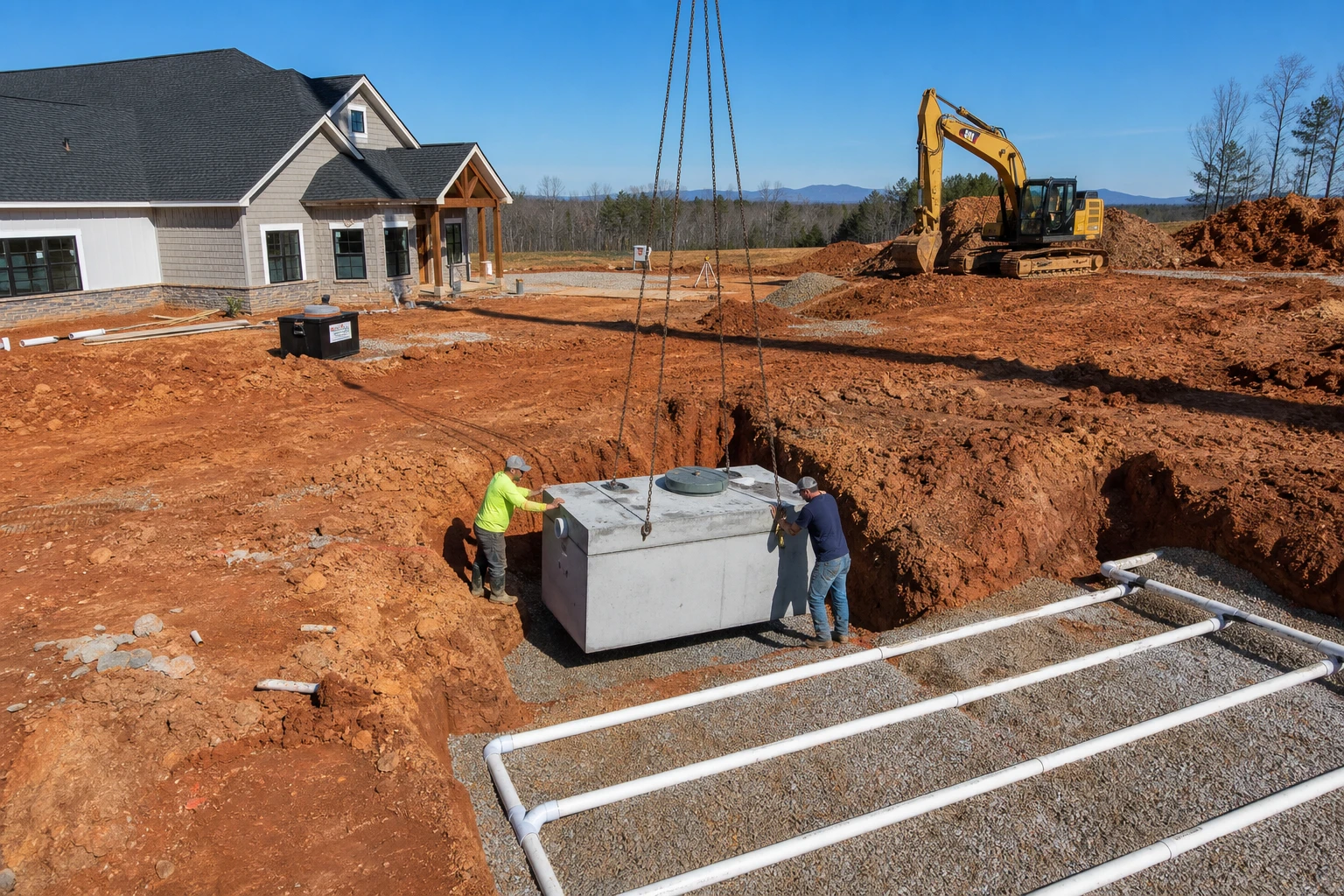 Vista aérea de la instalación de un sistema séptico nuevo en el terreno de construcción de una casa personalizada en Carolina del Norte