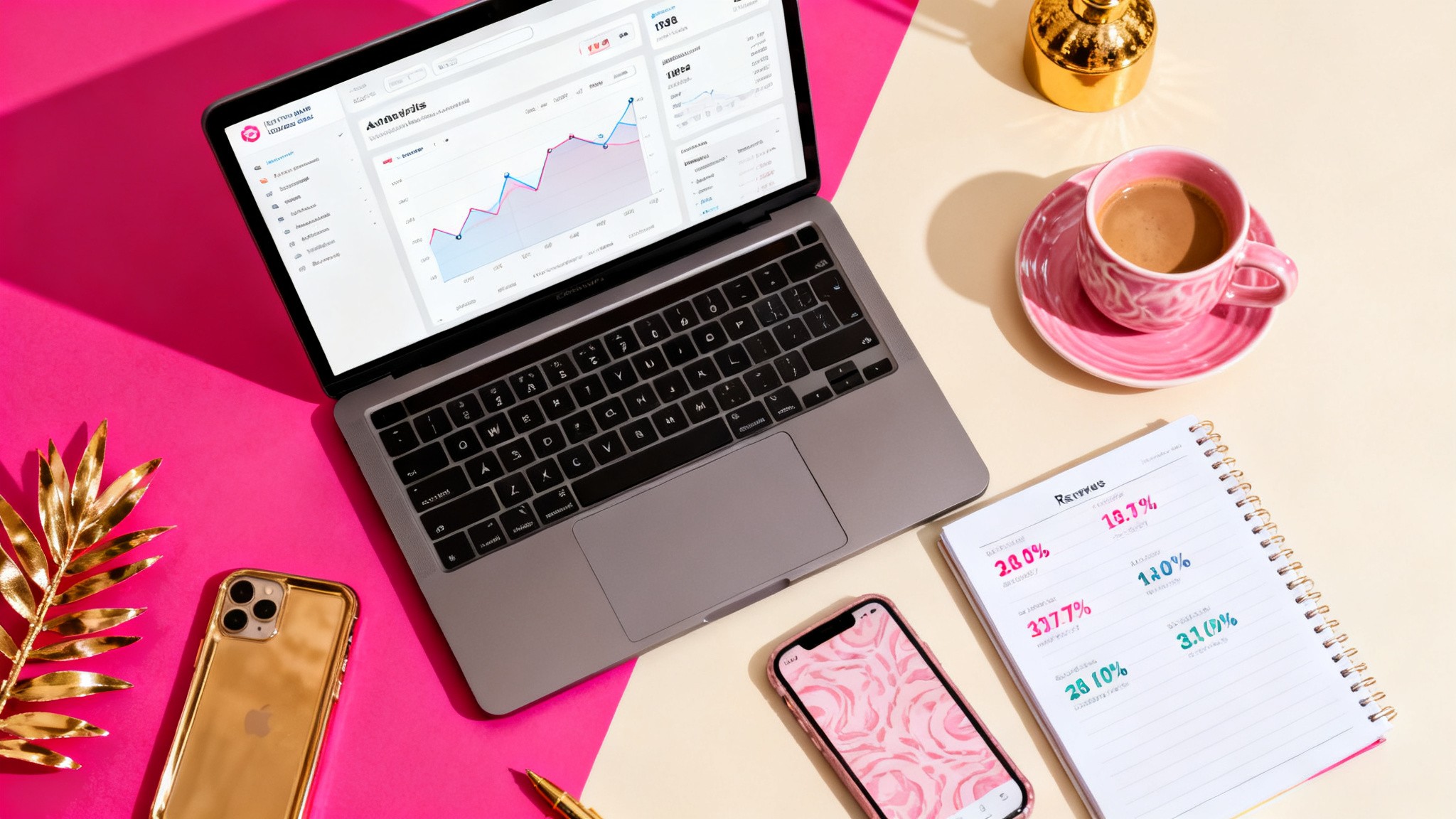 Editorial overhead shot of a desk with a laptop showing analytics, a notebook with figures, a phone, a styled coffee, pink and cream palette