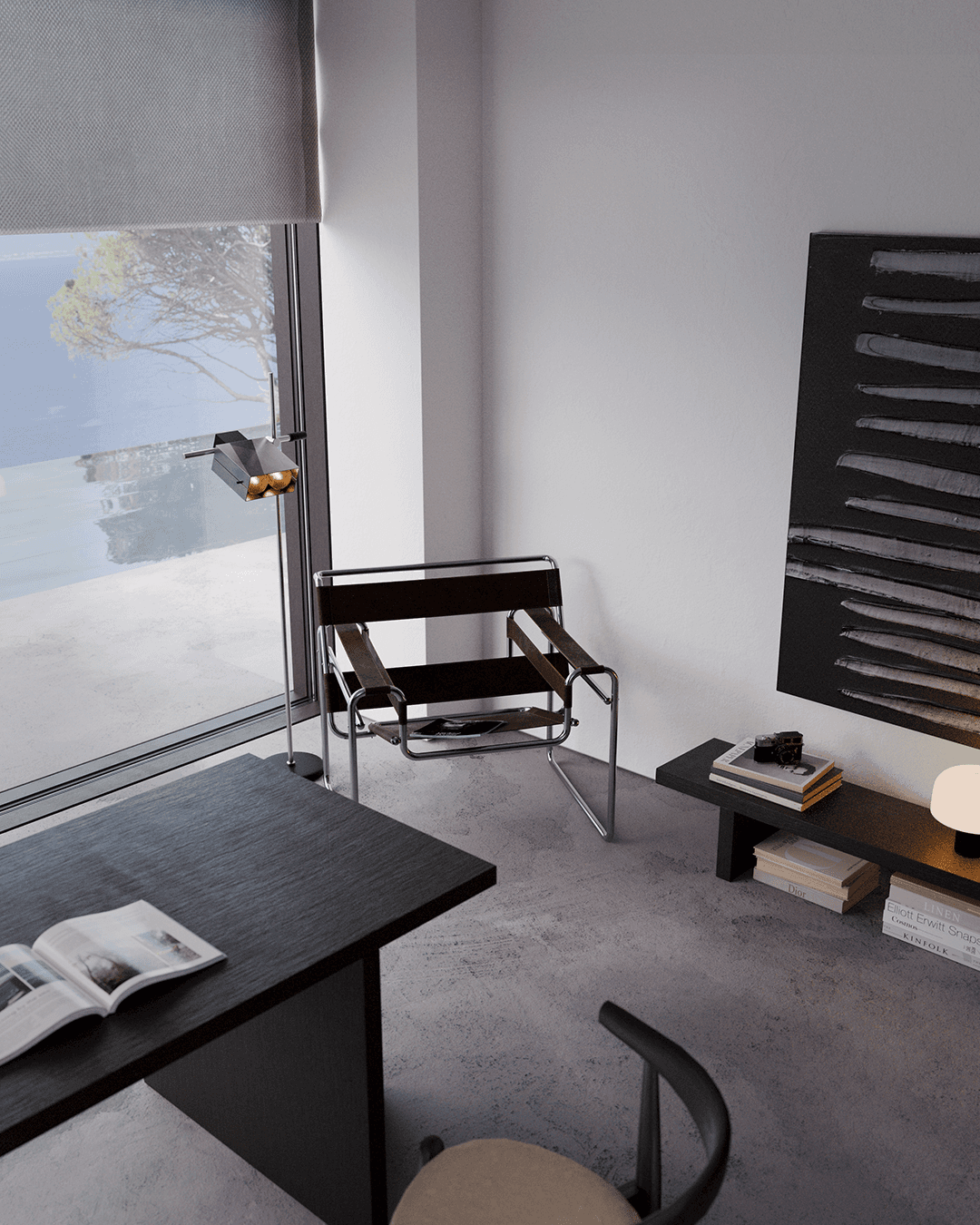 Image 1 — Rendu 3D bureau minimaliste dans une villa contemporaine sur la Côte d'Azur, chaise Wassily et vue sur la Méditerranée — Aure Moukala