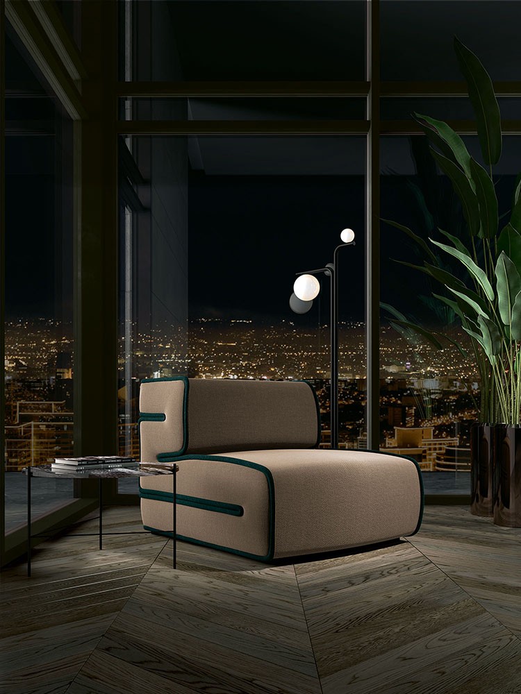 elegant and cozy armchair with exagereted profiles