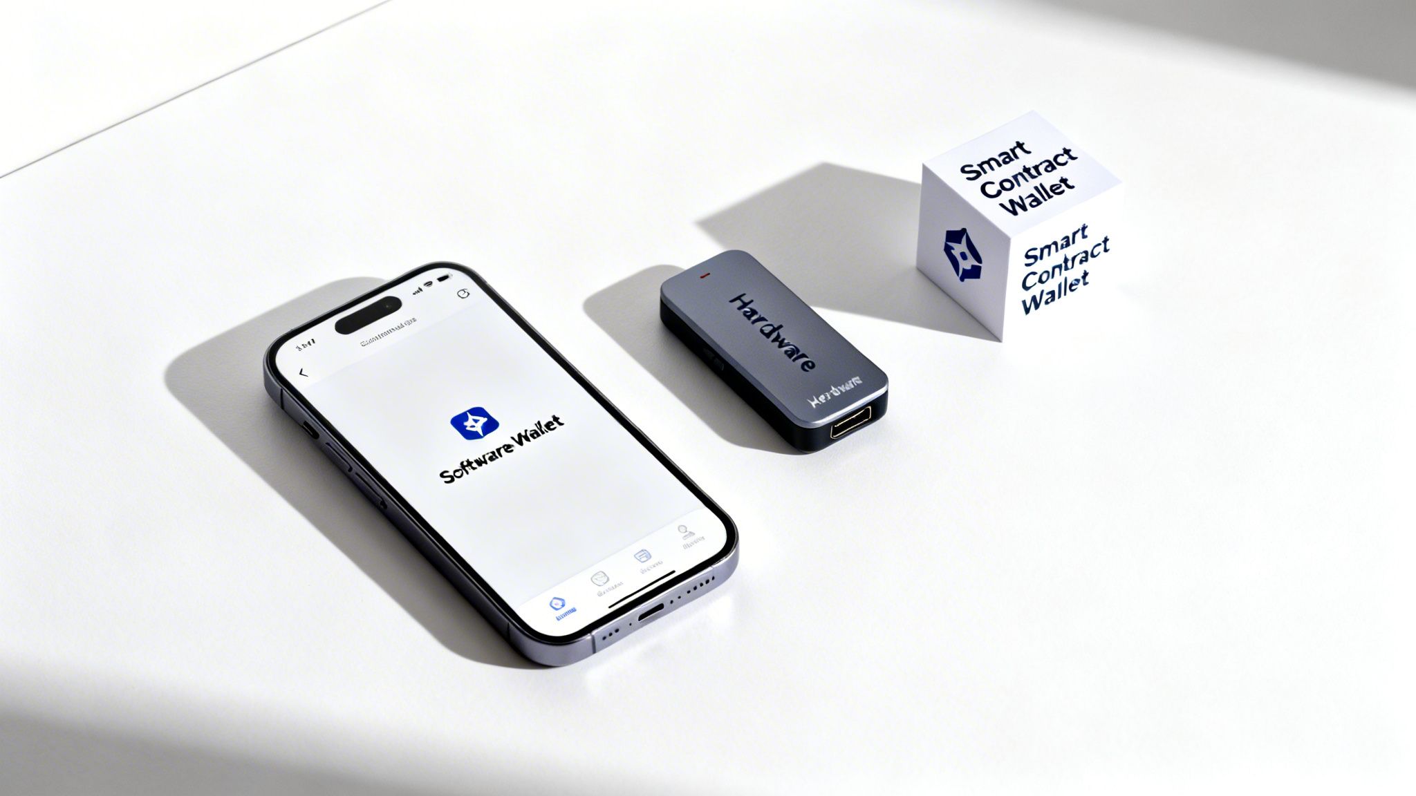 A smartphone displaying a software wallet app, a hardware wallet, and a smart contract wallet cube.