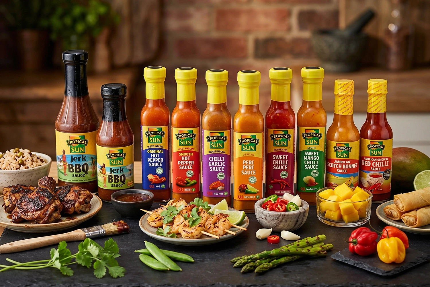 Tropical Sun hot sauce collection with jerk BBQ, peri peri, and chilli varieties for mediareach multicultural FMCG marketing