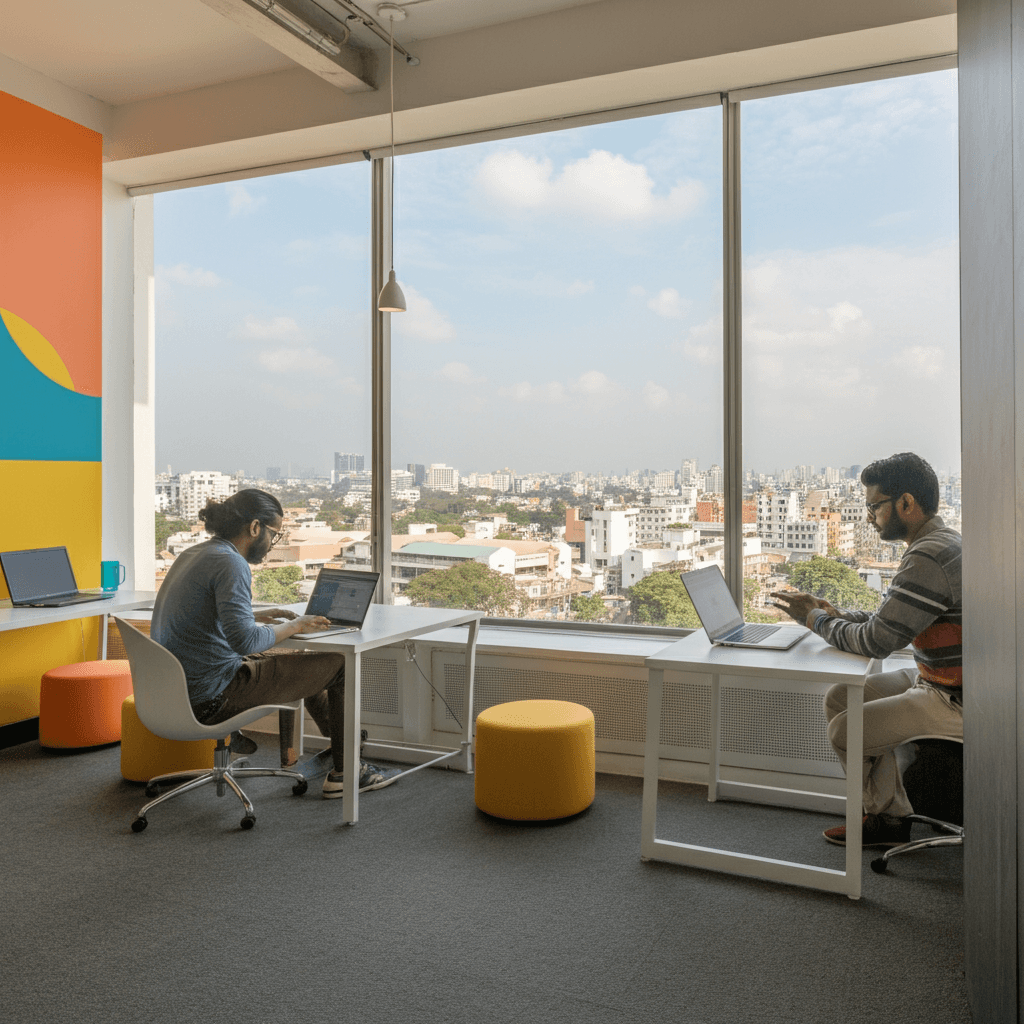 Minimalist office space with people working on their laptops, overlooking a city scape that looks like bangalore. Make the people mixed race, with a slight indian look