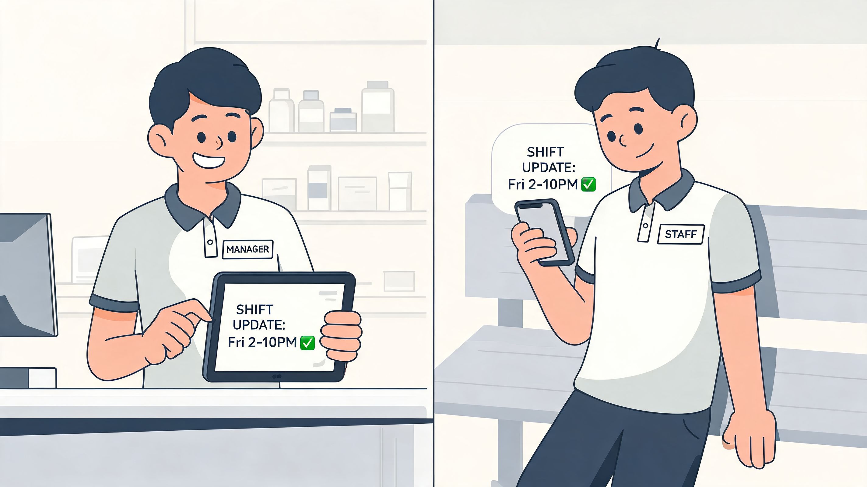 A manager updating a shift on a tablet while an employee receives the notification on their smartphone.