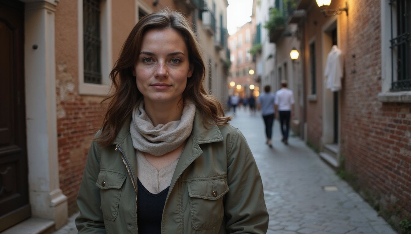 A woman strolls through a charming cobblestone street in Venice.