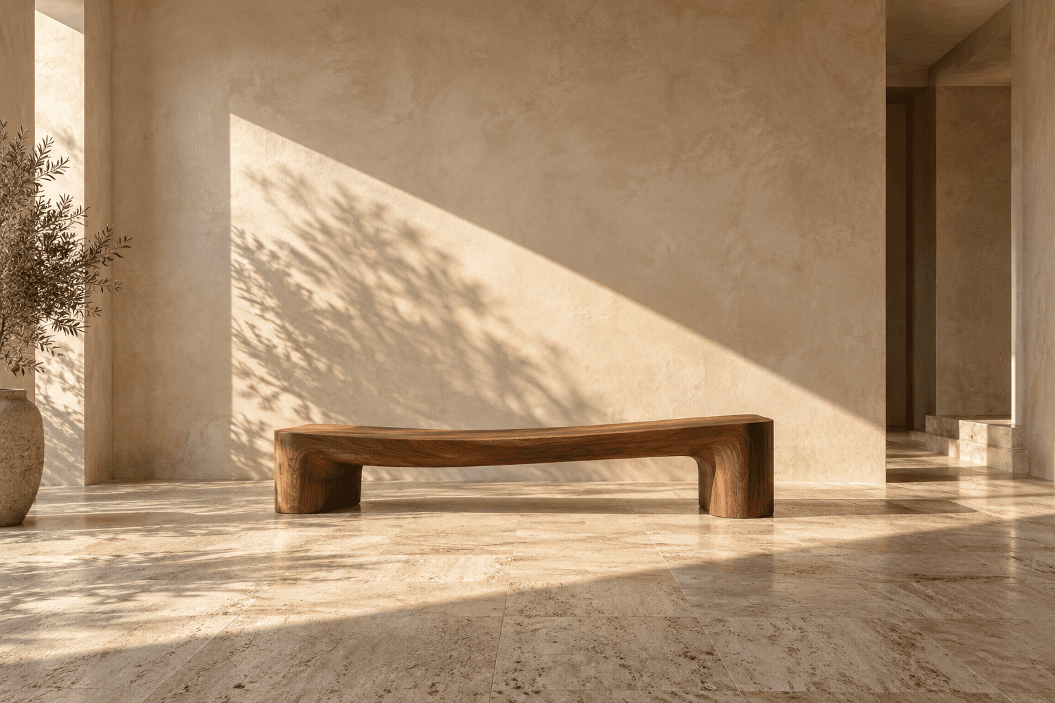 Original concept of a sunlit mineral interior and sculptural timber bench