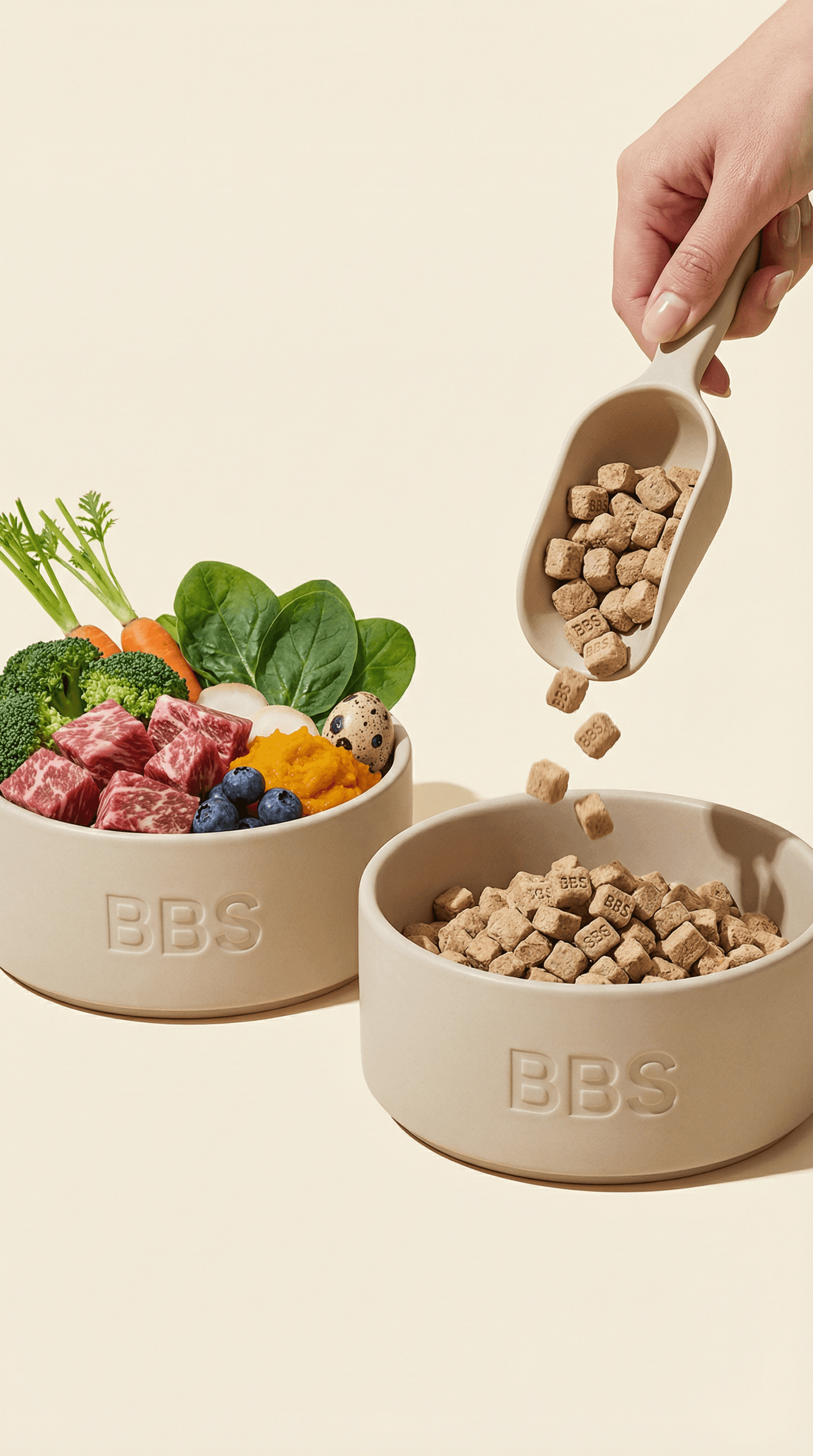 Two matte ceramic BBS dog bowls with kibble and fresh ingredients in a clean studio setup