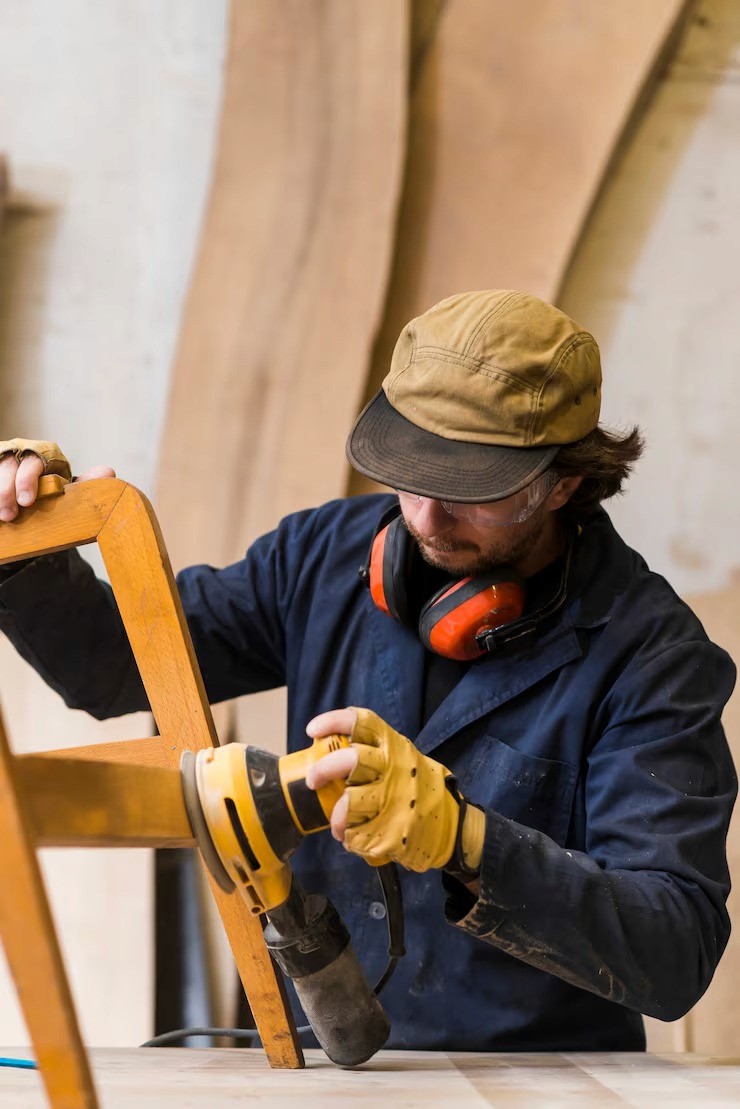 A man sanding a wooden chair in a workshop, wearing gloves, a cap, and safety earmuffs.