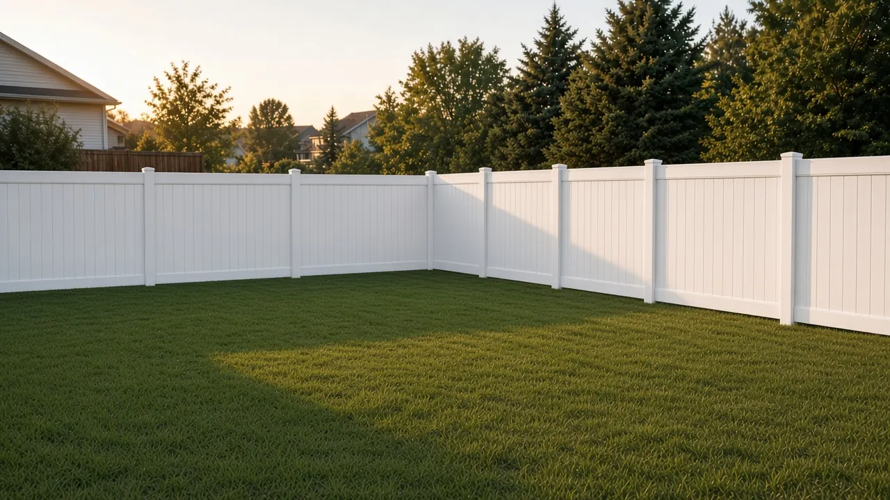 The same backyard after old fence removal, with a new white vinyl privacy fence installed